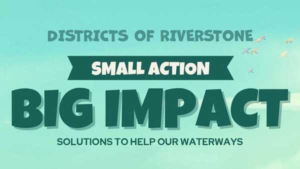 Poster header reading “Fort Bend County MUD #149 – Small Action, Big Impact, Solutions to Help Our Waterways” over a green-blue sky with birds.